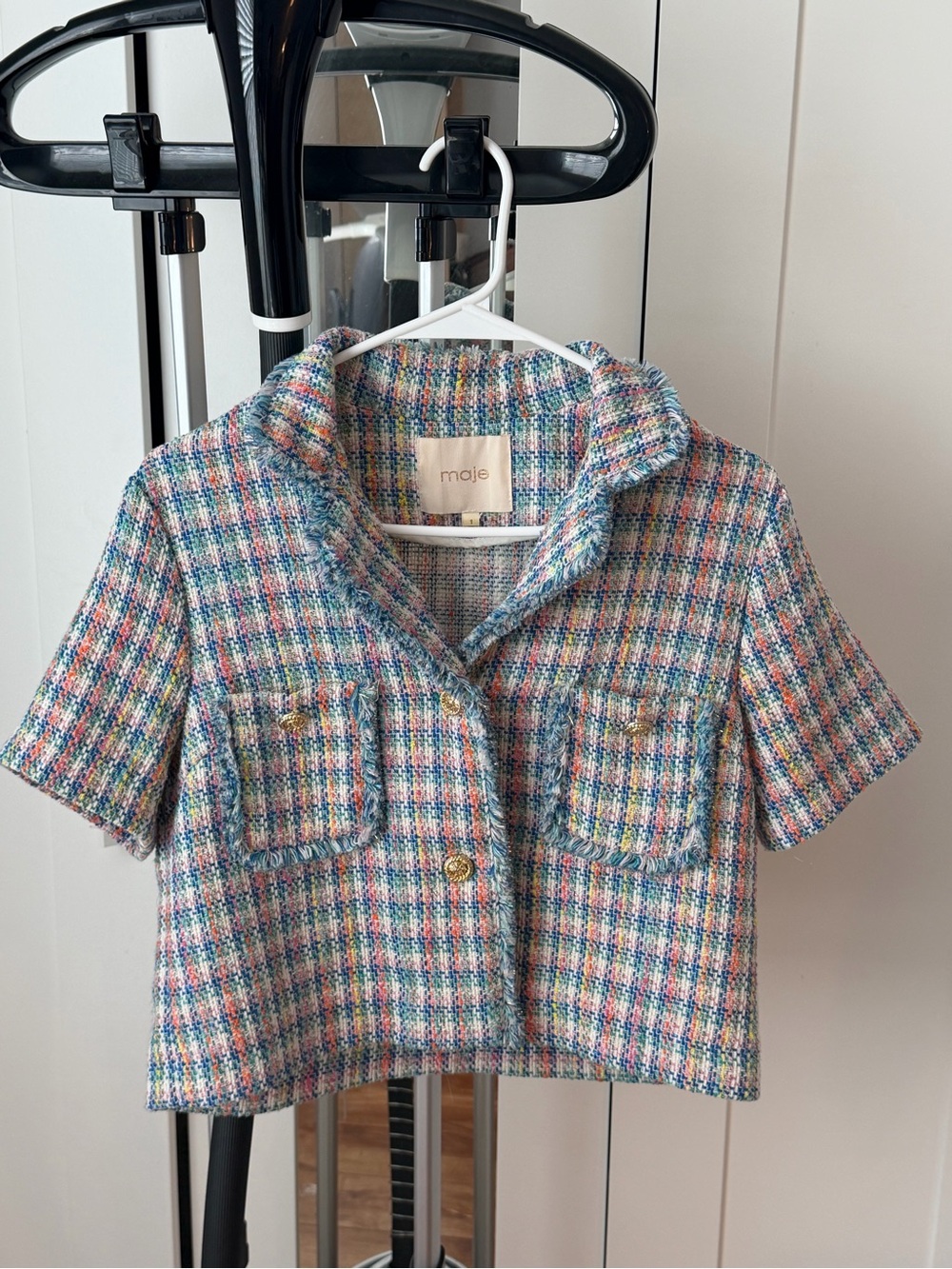 Maje Pastel Multicolor Tweed Short Sleeve Jacket